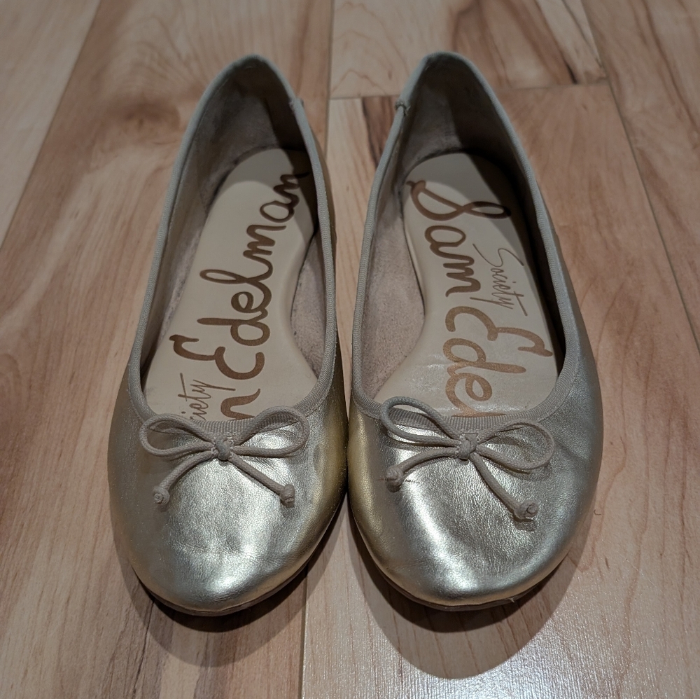 Sam Edelman Society Gold Ballet Flats Size 8 Metallic Leather Bow Classic